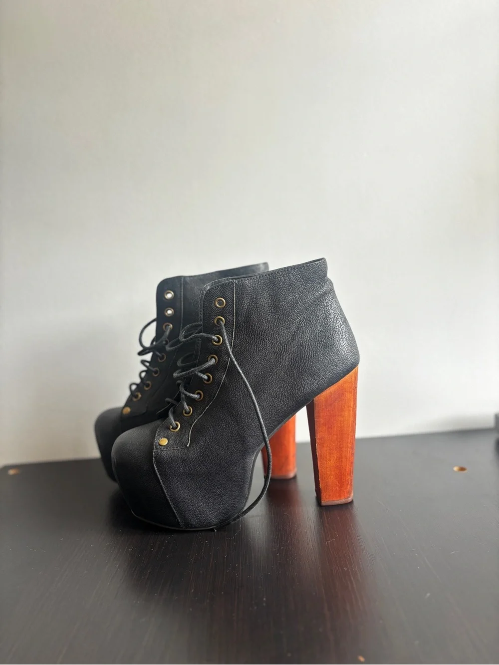 Jeffrey Campbell Lita Black Lace-Up Platform Ankle Boots with Wood-Tone Heel